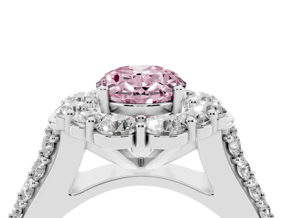 Fancy Pink Oval Cut Halo Diamond Engagement Ring with Split Shank and Prong Setting Silver