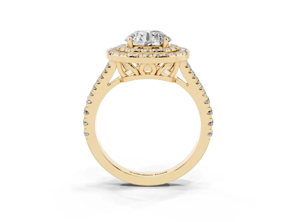 Round Cut Diamond Double Halo Ring with Pavé Band and Prong Setting Yellow gold