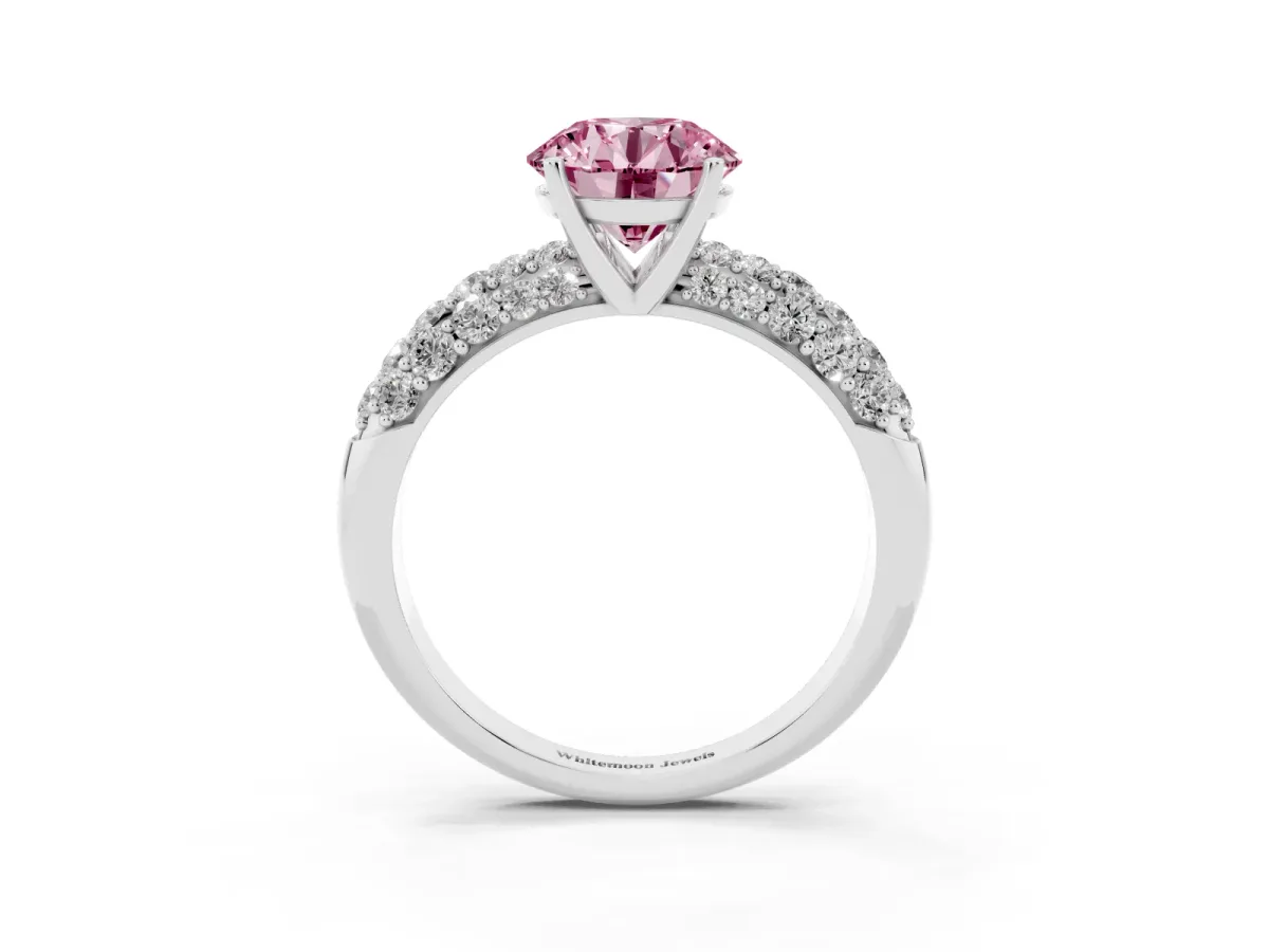 Fancy Pink Round Cut Diamond Pavé Band Solitaire Ring with Four-Prong Setting Silver