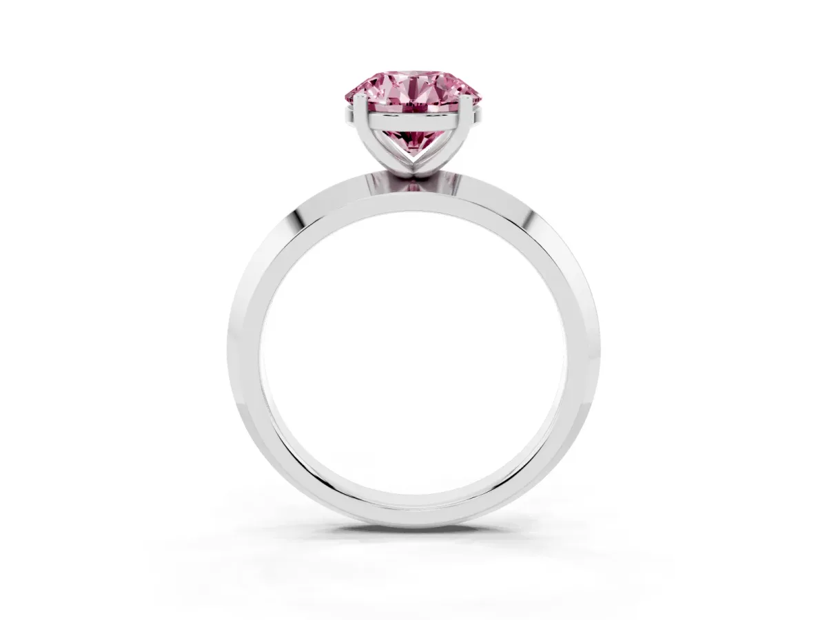 Fancy Pink Round Cut Cut Solitaire Engagement Ring with Flat Band and Four-Prong Setting White gold