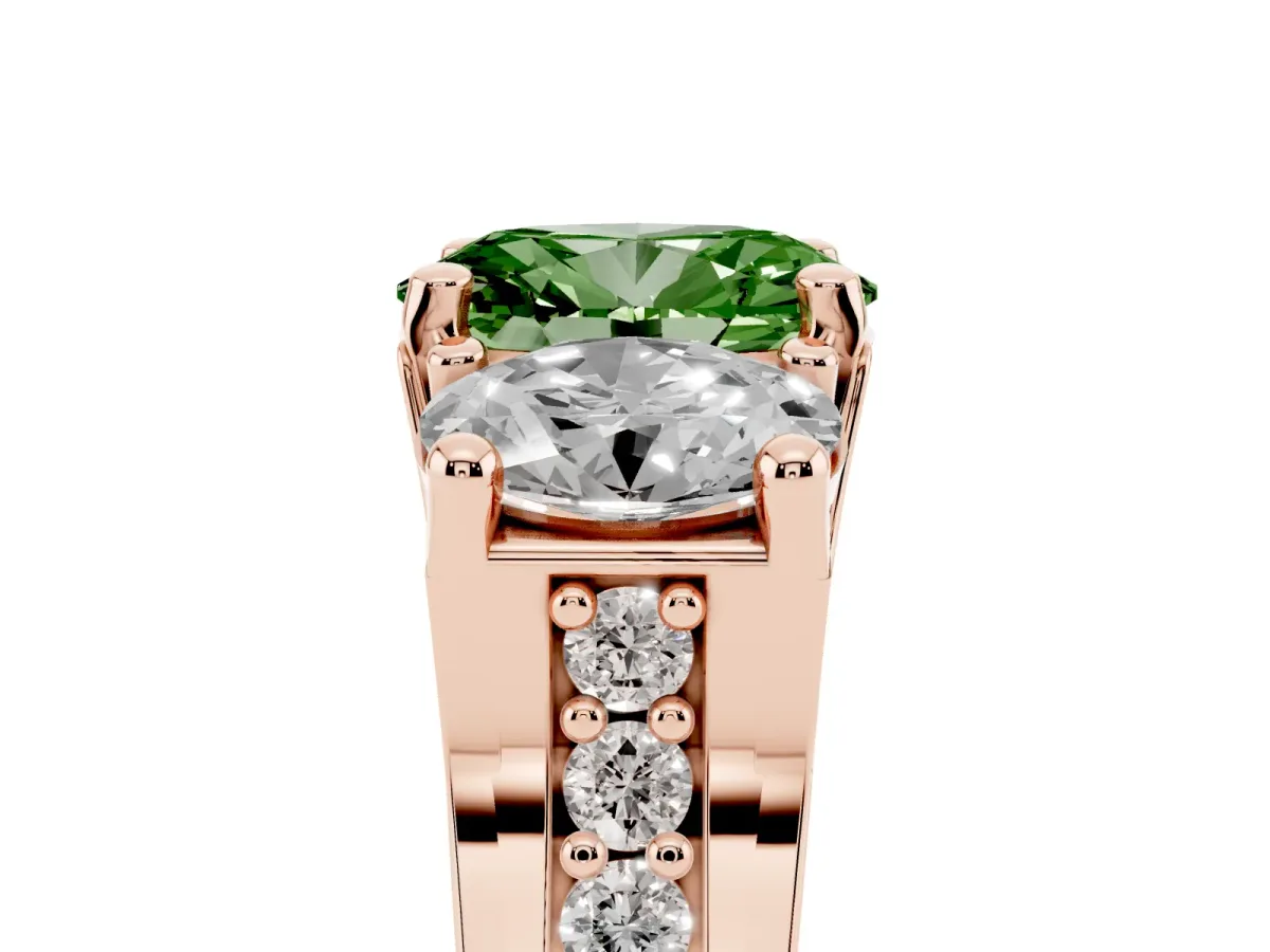 Fancy Green Oval Cut Diamond Three-Stone Ring with Channel Set Band and Four-Prong Setting Rose gold