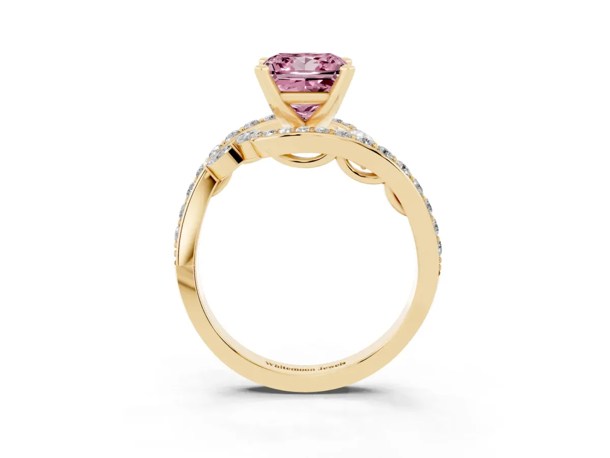 Fancy Pink Princess Cut Solitaire with Pavé Twist Band and Four-Prong Setting Yellow gold