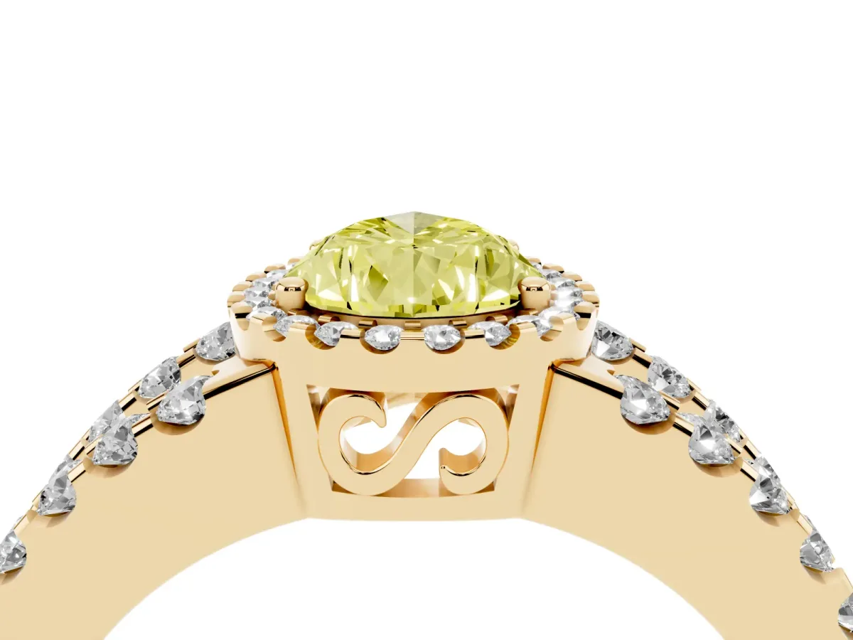 Fancy Yellow Pear Cut Cut Halo Split Shank Diamond Ring with Four-Prong Setting Yellow gold