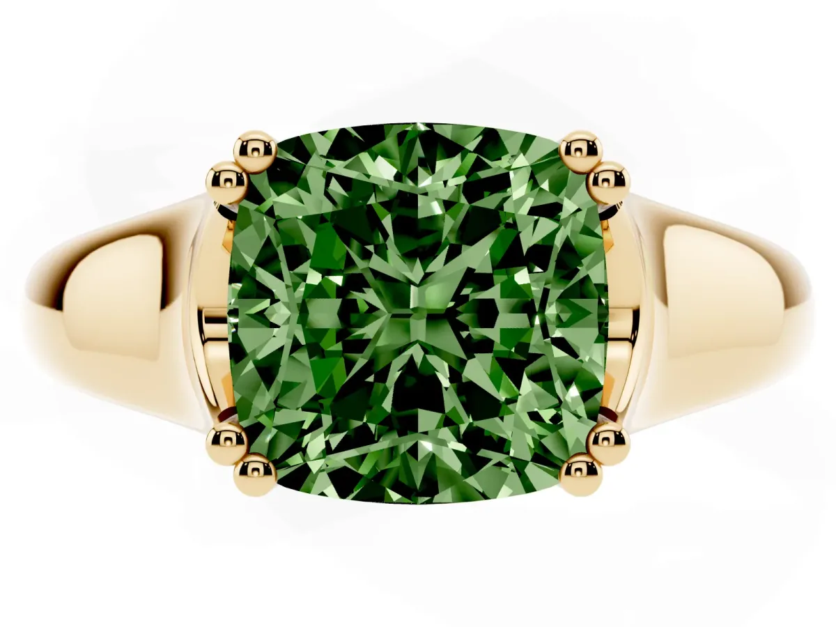Fancy Green Cushion Cut Diamond Solitaire Ring with Wide Band and Prong Setting Yellow gold