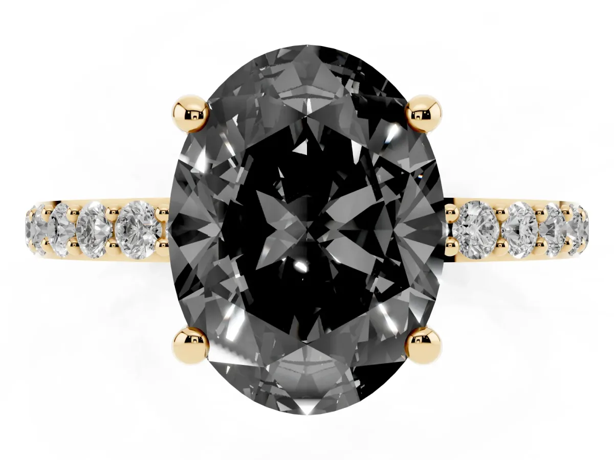 Fancy Black Oval Cut Diamond Solitaire Ring with Round Pavé Band and Prong Setting Yellow gold