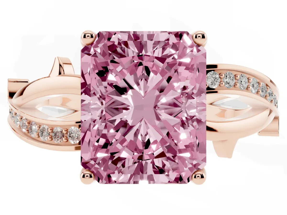 Fancy Pink Radiant Cut Solitaire Twist Band with Pavé Accents and Four-Prong Setting Rose gold
