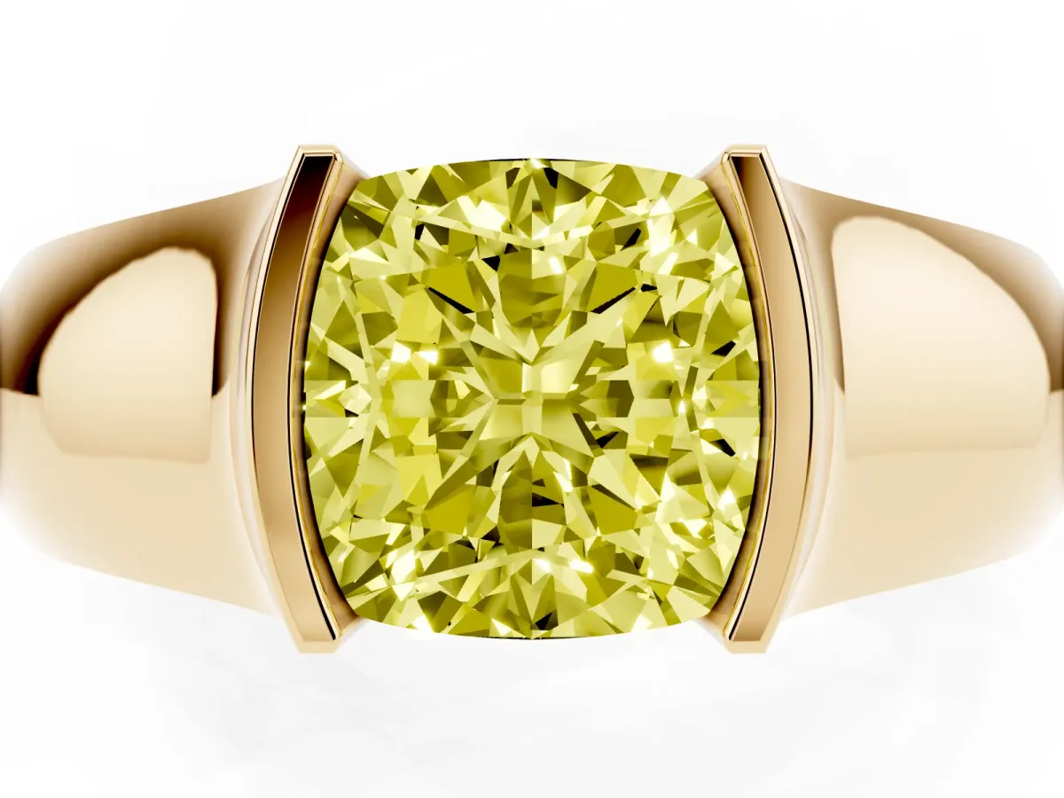 Fancy Yellow Cushion Cut Solitaire Bezel Set Diamond Ring with Wide Band Yellow gold