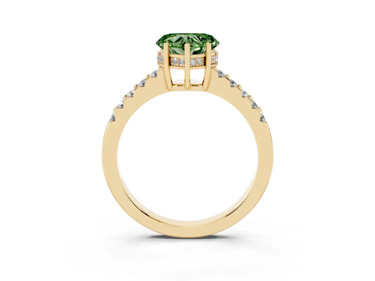 Fancy Green Heart Cut Solitaire Diamond Engagement Ring with Pavé Band and Six-Prong Setting Yellow gold