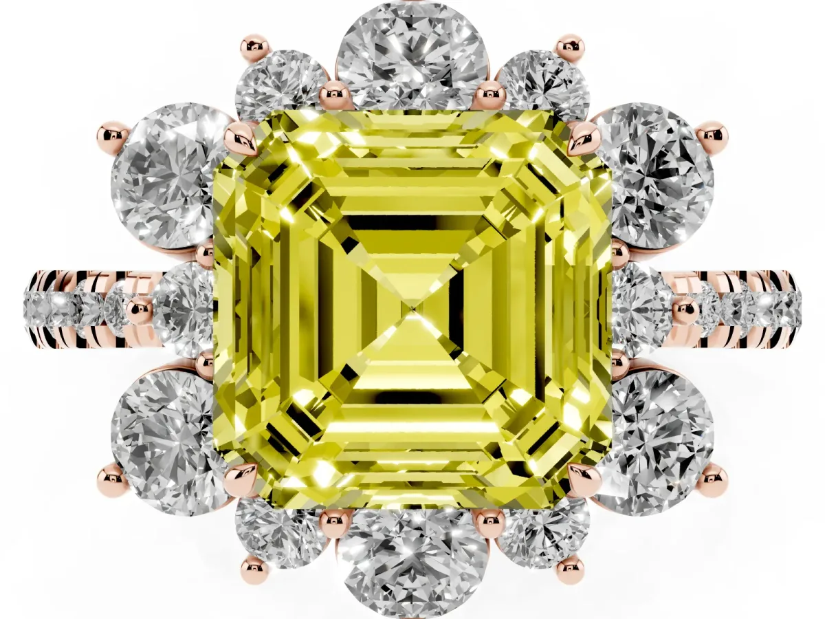 Fancy Yellow Asscher Cut Diamond Floral Halo Ring with Round Pavé Band and Prong Setting Rose gold