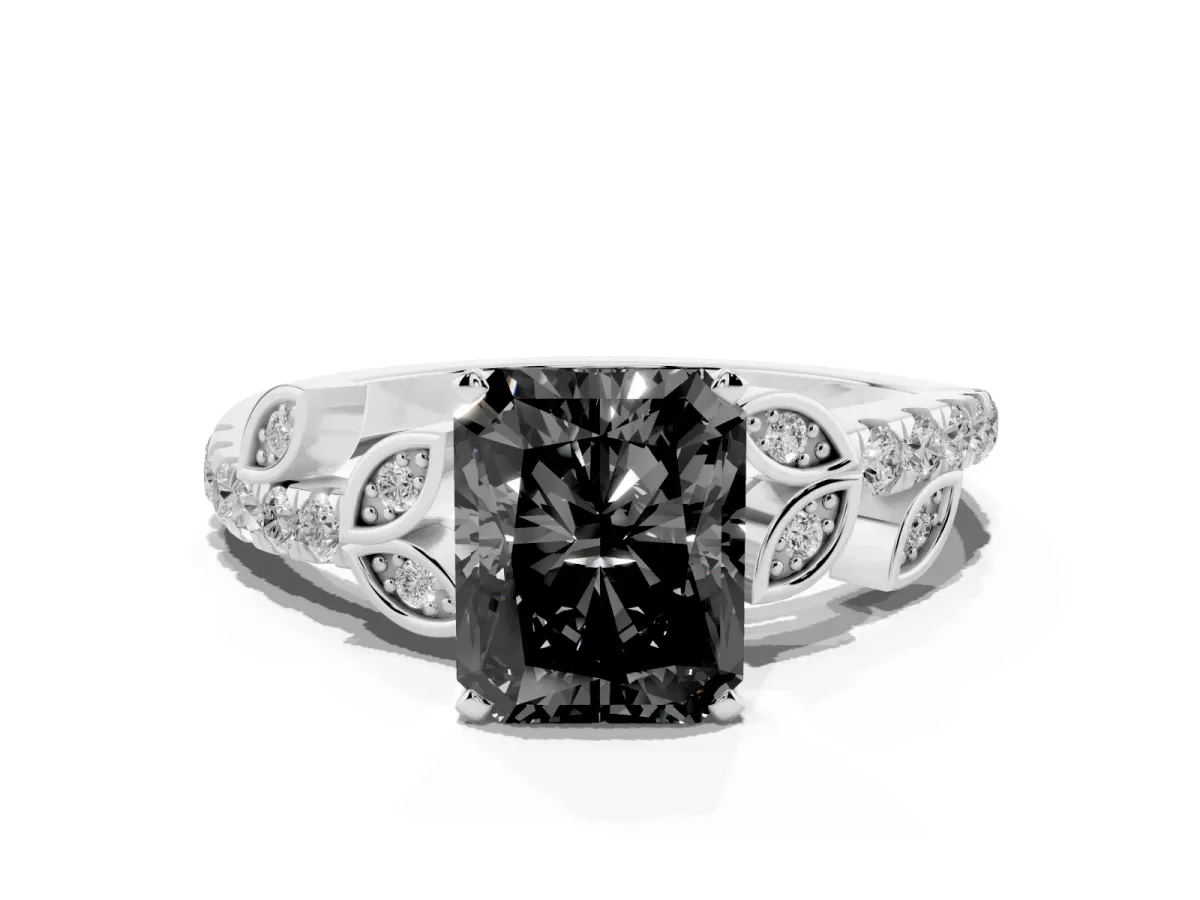 Fancy Black Radiant Cut Solitaire Leaf-Inspired Diamond Ring with Pavé Band and Four-Prong Setting Silver