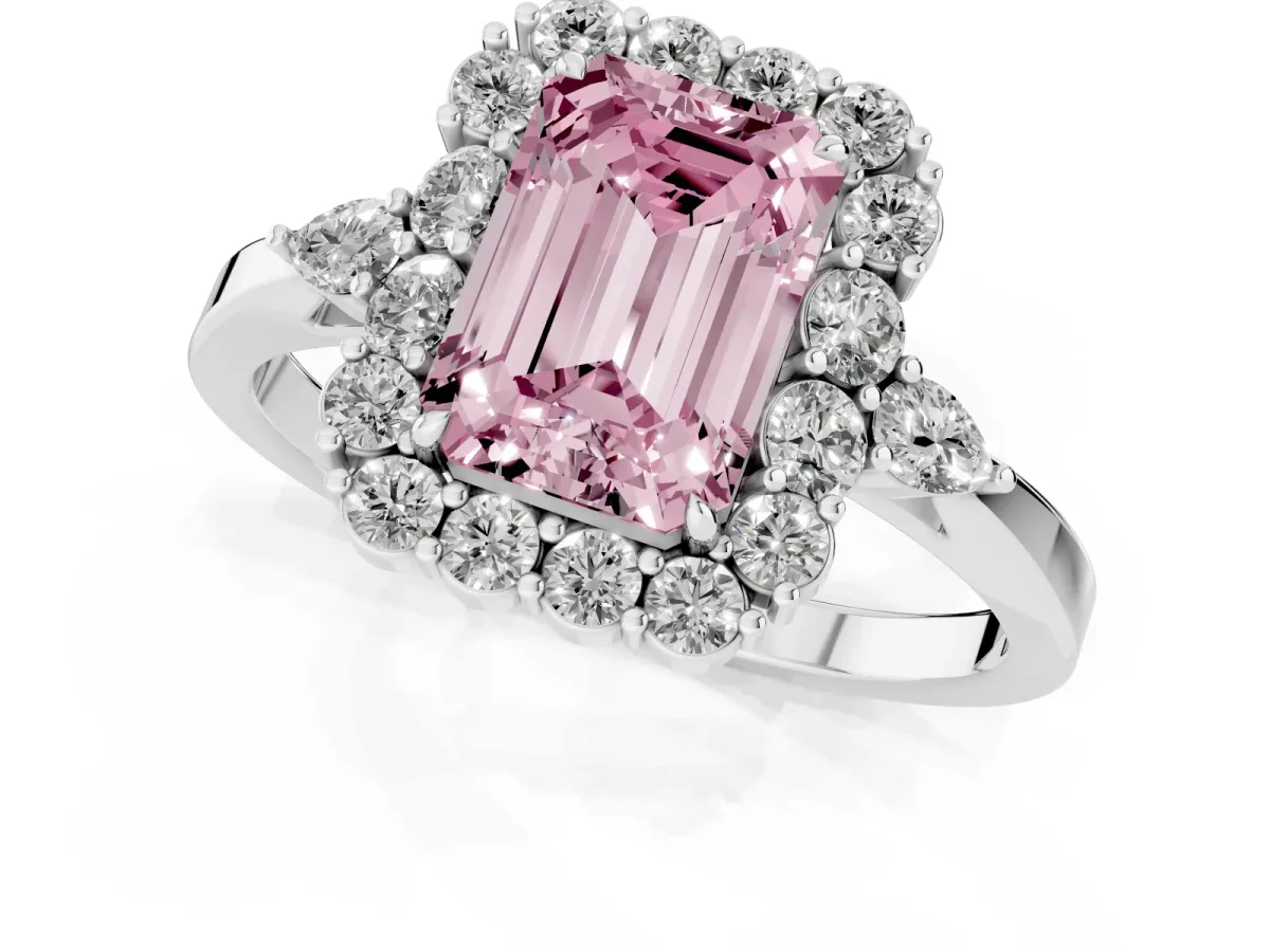 Fancy Pink Emerald Cut Diamond Halo Ring with Pear Side Stones and Prong Setting Silver