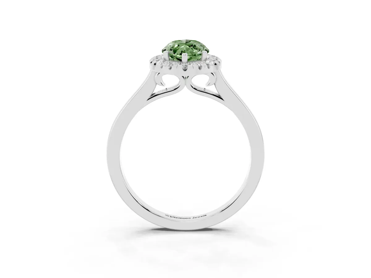 Fancy Green Marquise Cut Halo Round Diamond Solitaire Ring with Pavé Band and Four-Prong Setting White gold