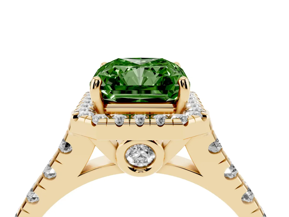 Fancy Green Radiant Cut Halo Pavé Diamond Engagement Ring with Four-Prong Setting Yellow gold