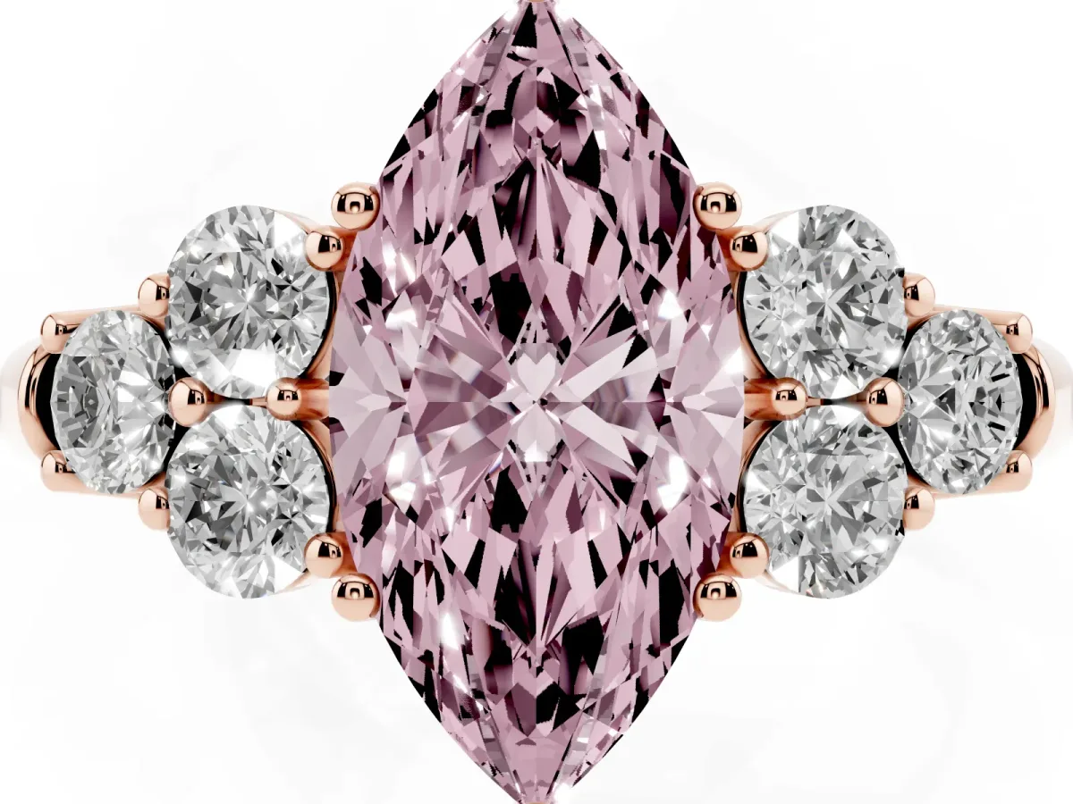 Fancy Pink Marquise Cut Cut Diamond Cluster Ring with Round Accent Stones and Prong Setting on a Classic Band Rose gold