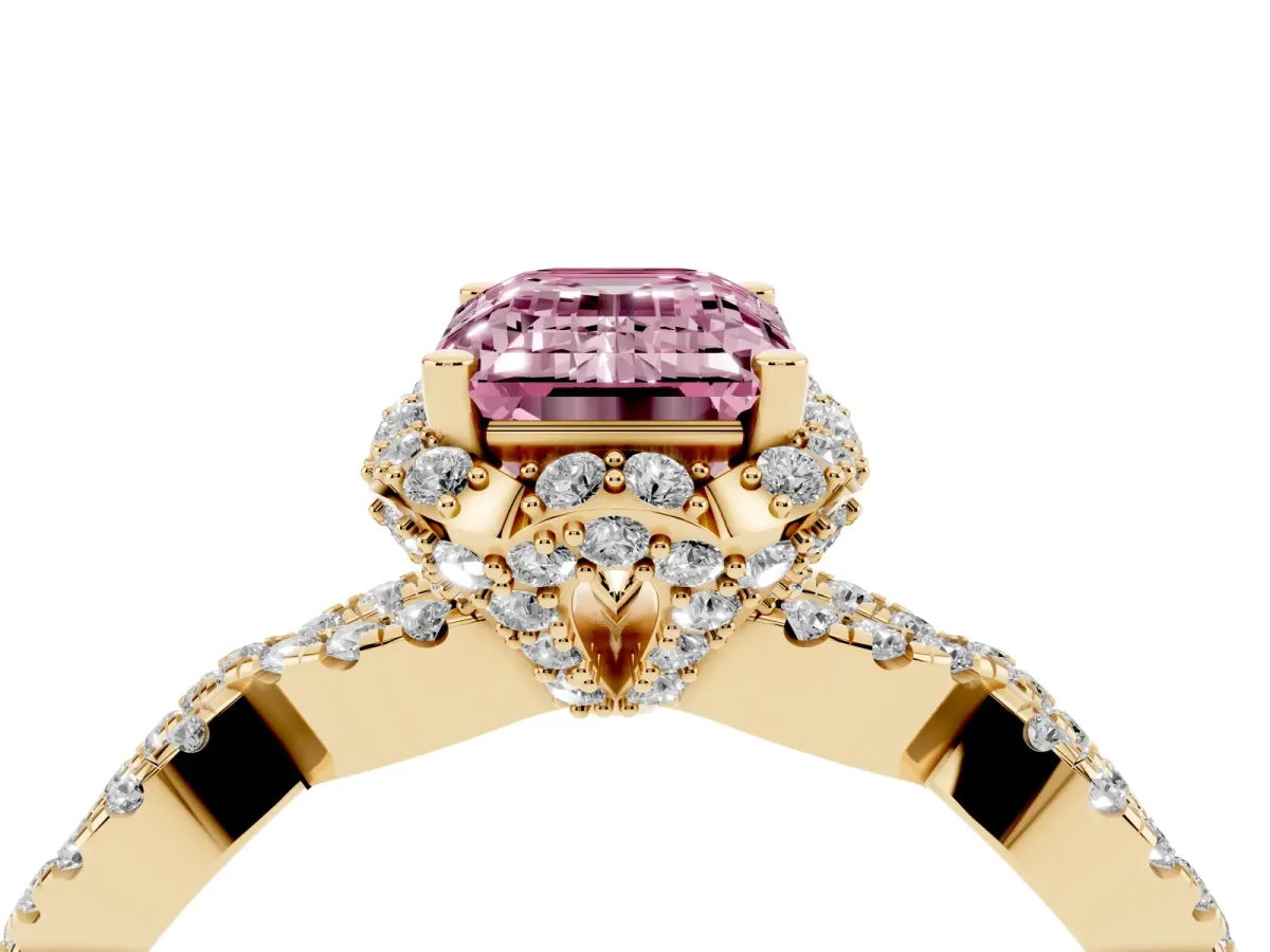 Fancy Pink Emerald Cut Halo Twist Band Solitaire Ring with Six-Prong Setting Yellow gold