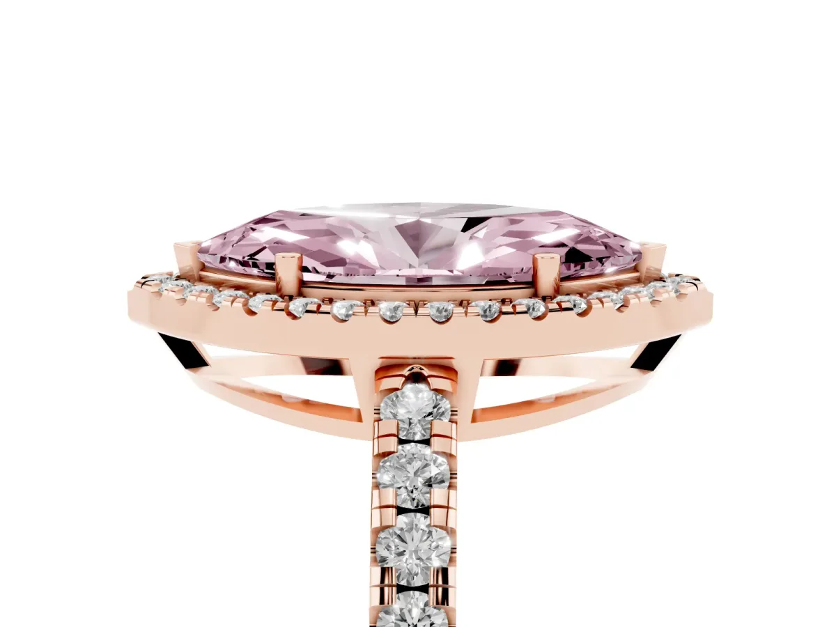 Fancy Pink Marquise Cut Diamond Halo Ring with Pavé Band and Four-Prong Setting Rose gold