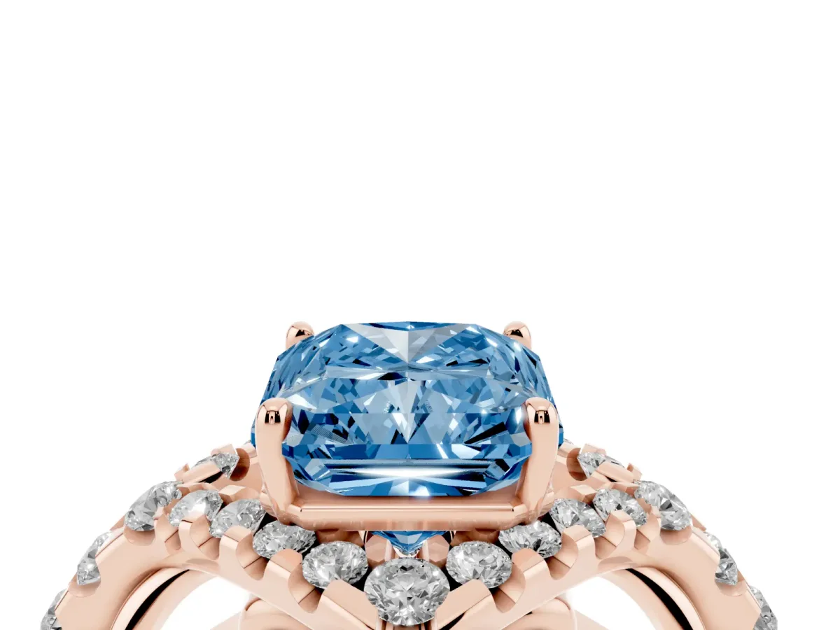 Fancy Blue Radiant Cut Diamond Solitaire Ring with Hidden Halo and Pavé Band Rose gold