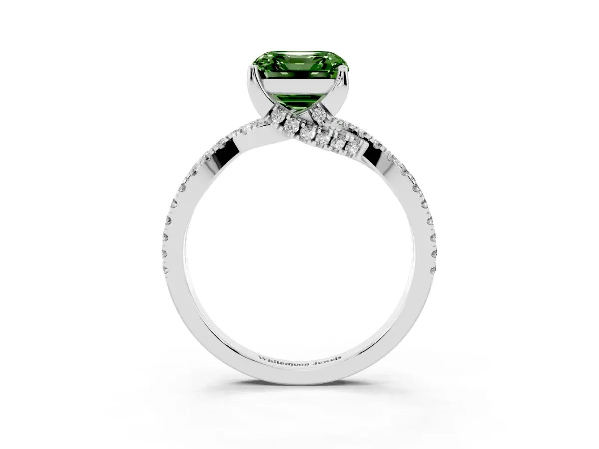 Fancy Green Asscher Cut Solitaire Twist Pave Diamond Engagement Ring with Prong Setting Silver