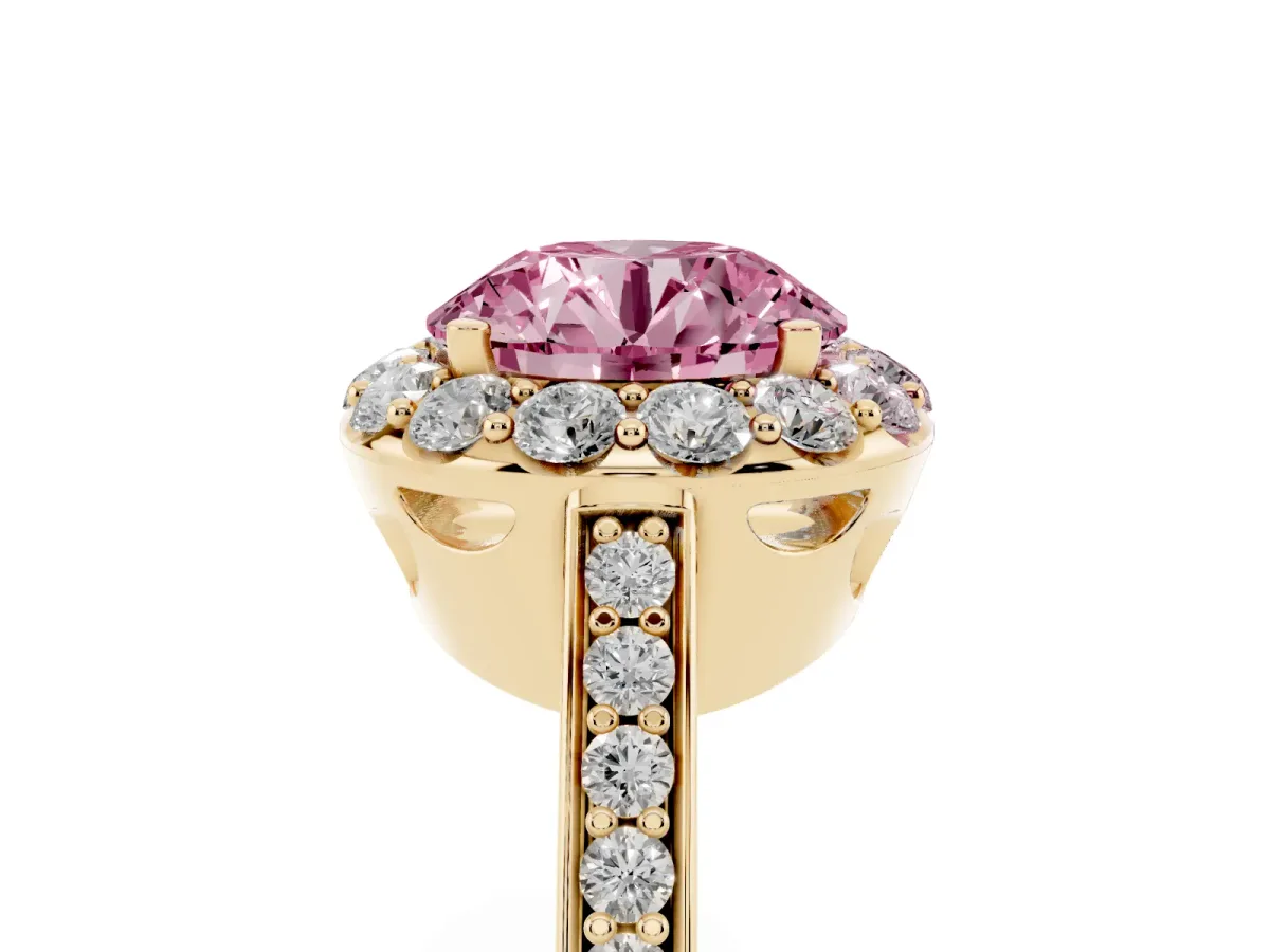 Fancy Pink Round Cut Diamond Floral Halo Ring with Pavé Band and Prong Setting Yellow gold