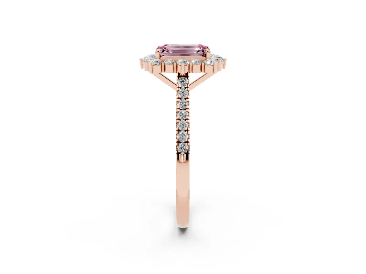 Fancy Pink Emerald Cut Halo Diamond Ring with Pavé Band and Prong Setting Rose gold