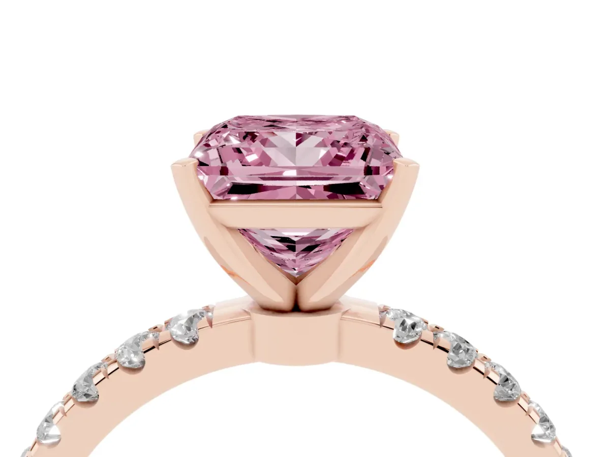 Fancy Pink Princess Cut Diamond Solitaire Ring with Pavé Accents and Four-Prong Setting Rose gold