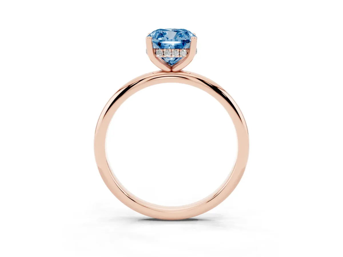 Fancy Blue Cushion Cut Cut Solitaire Engagement Ring with Four-Prong Setting and Classic Band Rose gold