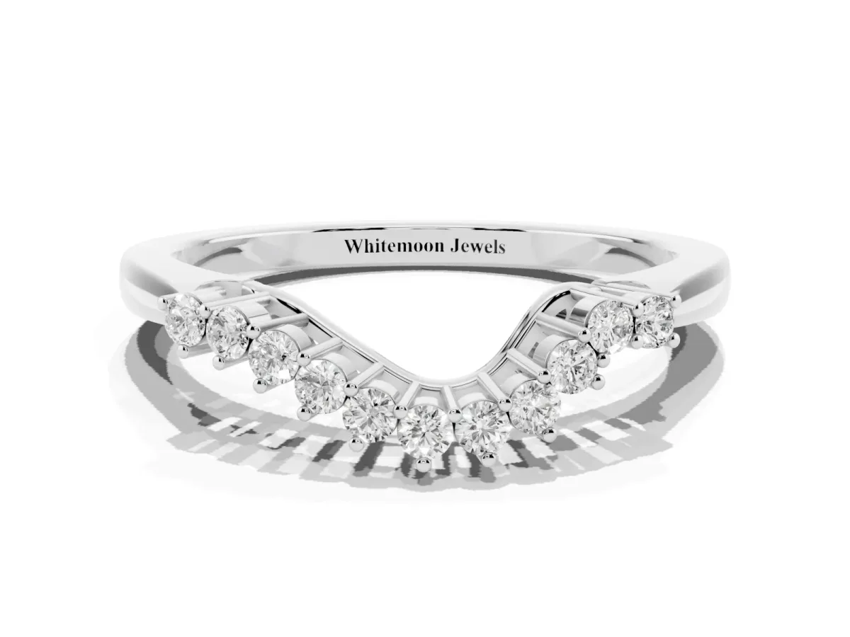 Round Diamond V-Shaped White Gold Band with Prong Setting Platinum