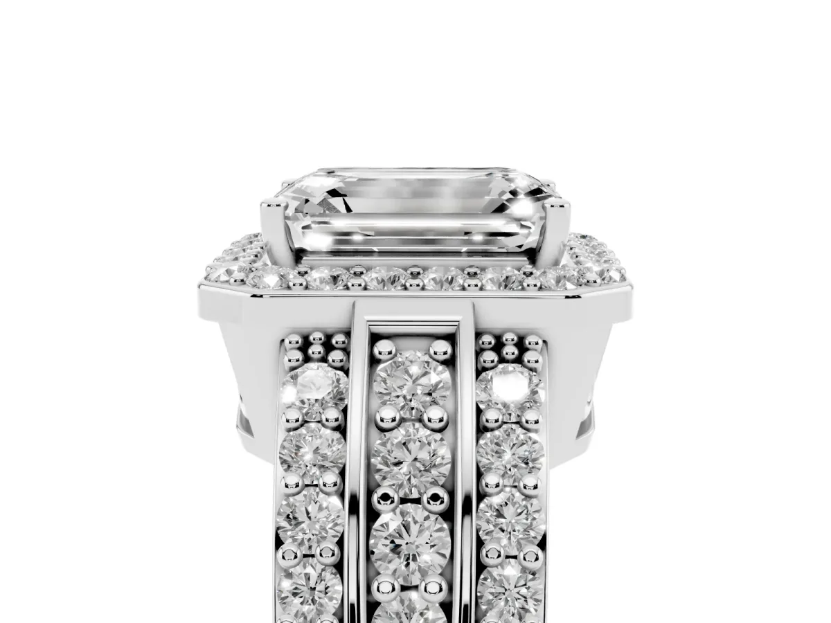 Emerald Cut Halo Diamond Ring with Round Split Shank and Prong Setting Silver