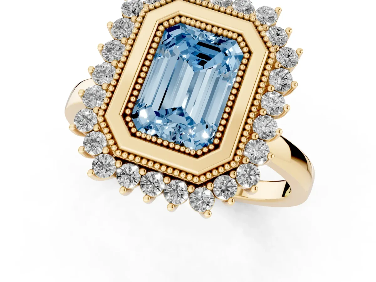 Fancy Blue Emerald Cut Halo Diamond Ring with Milgrain Edge and Round Prong Setting Yellow gold