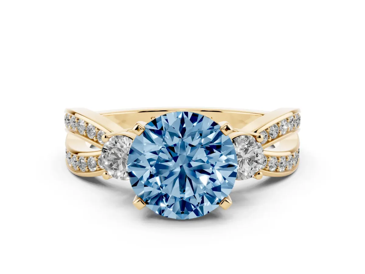Fancy Blue Three-Stone Round Cut Cut Diamond Twist Band with Prong Setting Yellow gold