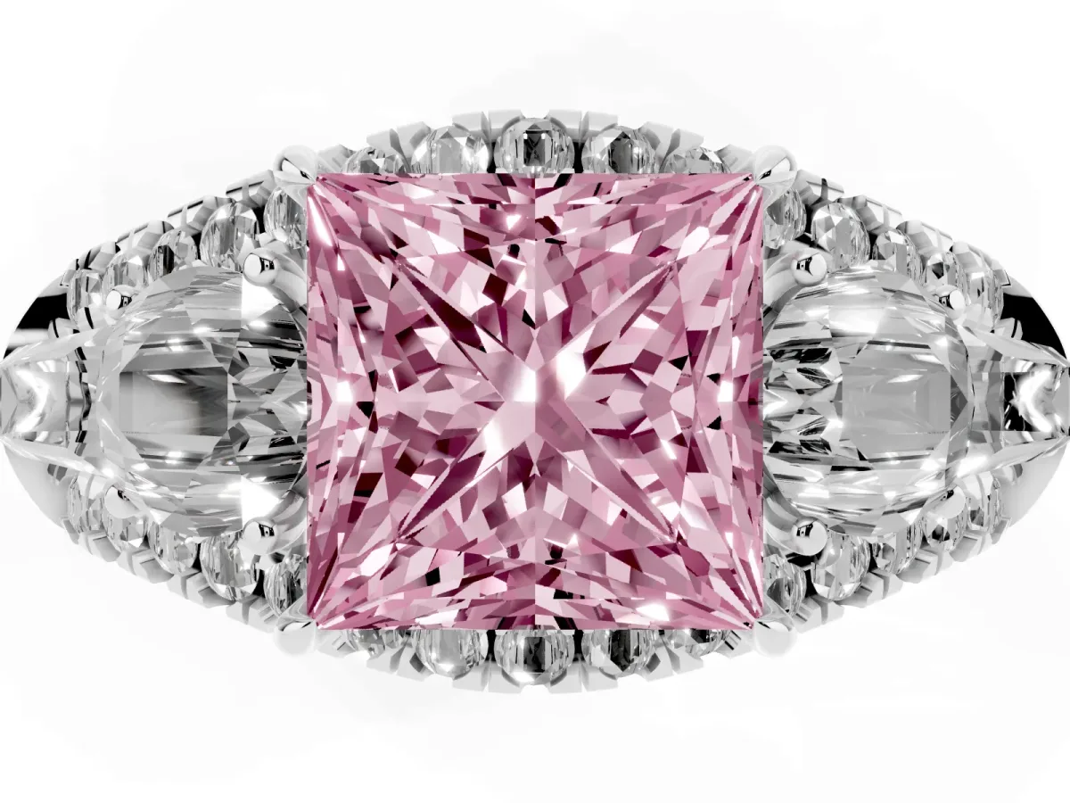 Fancy Pink Three-Stone Princess Cut Diamond Engagement Ring with Pave Band and Prong Setting Silver