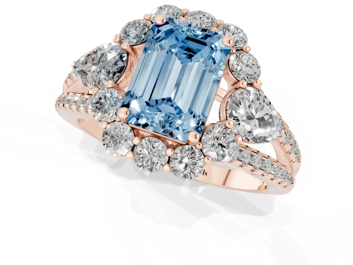 Fancy Blue Emerald Cut Halo Split Shank Diamond Engagement Ring with Prong Setting Rose gold
