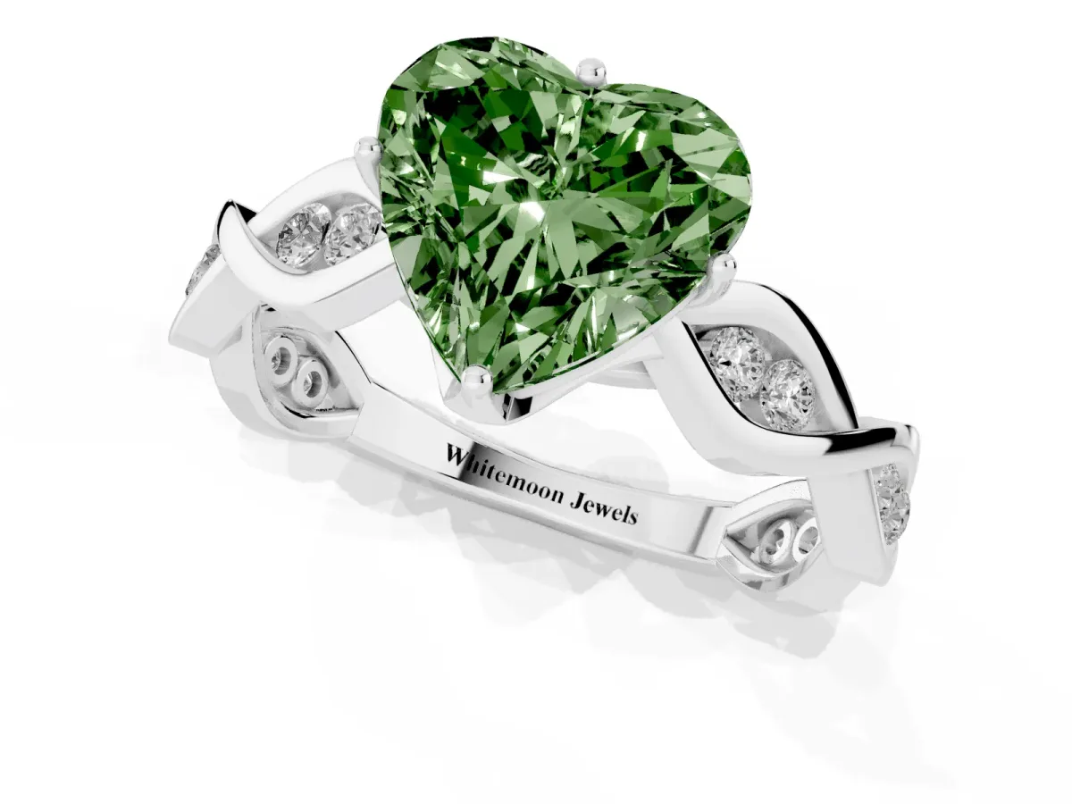 Fancy Green Heart Cut Solitaire Twist Band with Leaf Prong Setting Silver