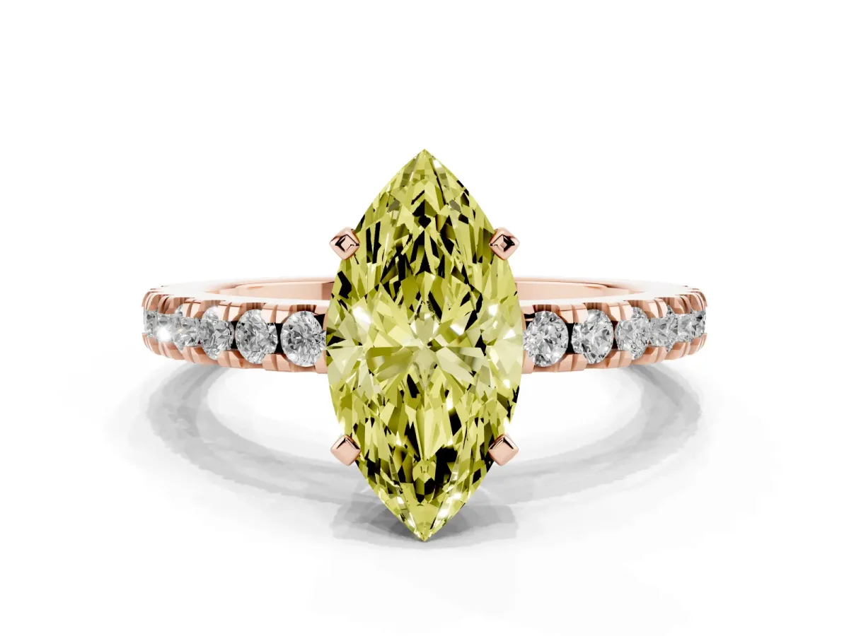 Fancy Yellow Marquise Cut Solitaire Diamond with Pavé Band and Four-Prong Setting Rose gold