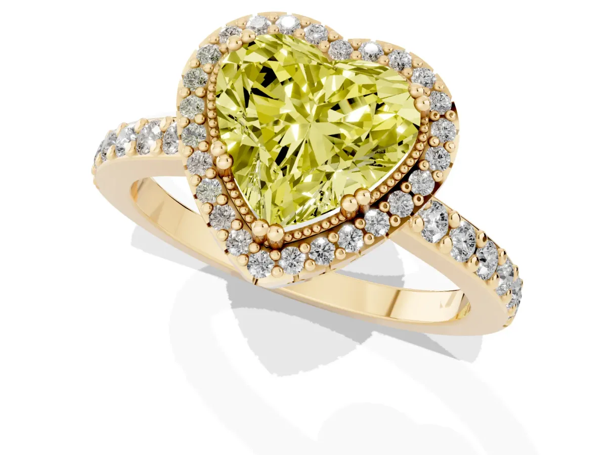 Fancy Yellow Heart Cut Cut Diamond Halo Engagement Ring with Milgrain Detail and Pavé Band Yellow gold