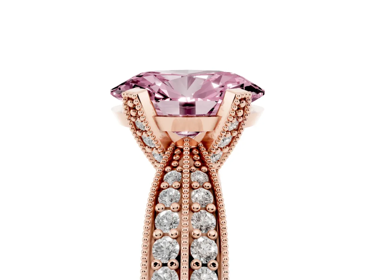Fancy Pink Oval Cut Diamond Solitaire Ring with Milgrain Round Pavé Band and Prong Setting Rose gold
