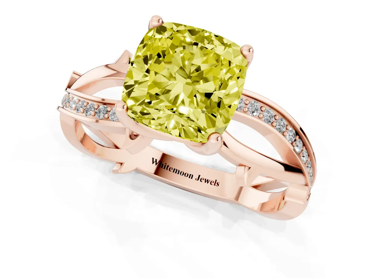 Fancy Yellow Cushion Cut Solitaire Twist Band with Pavé Accents and Four-Prong Setting Rose gold