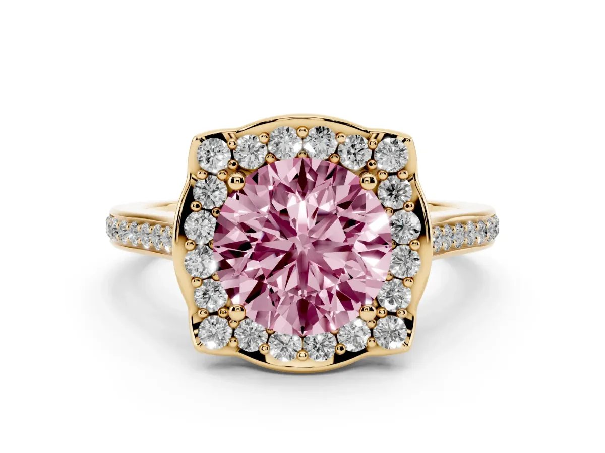 Fancy Pink Round Cut Halo Round Diamond Pave Band with Four-Prong Setting Yellow gold
