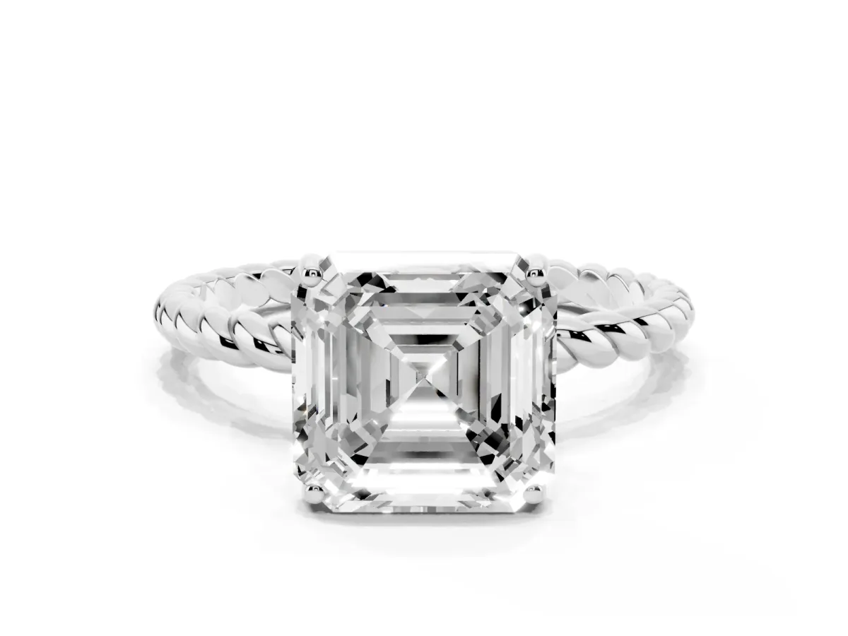 Asscher Cut Solitaire Twist Band Ring with Four-Prong Setting Silver