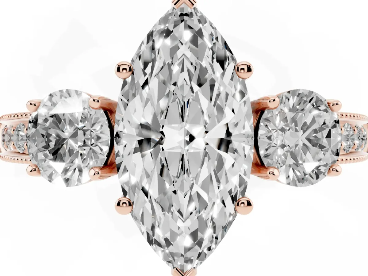 Marquise Cut Three-Stone Diamond Ring with Pavé Band and Four-Prong Setting Rose gold