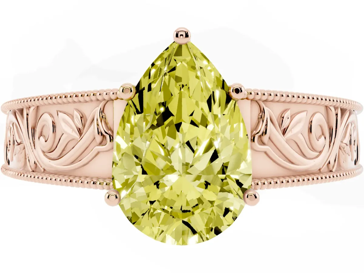 Fancy Yellow Pear Cut Diamond Solitaire Ring with Engraved Band and Four-Prong Setting Rose gold