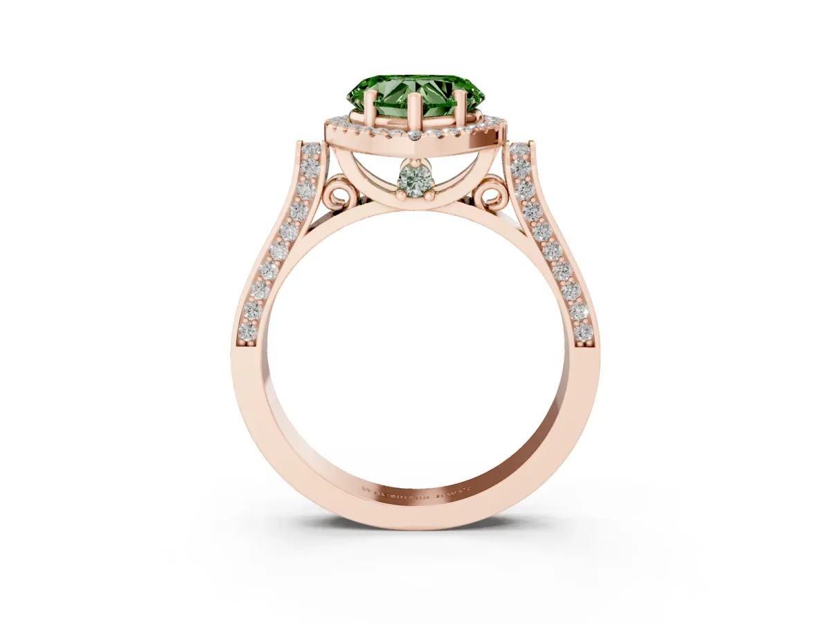 Fancy Green Heart Cut Halo Pave Split Shank Prong Setting Ring Rose gold