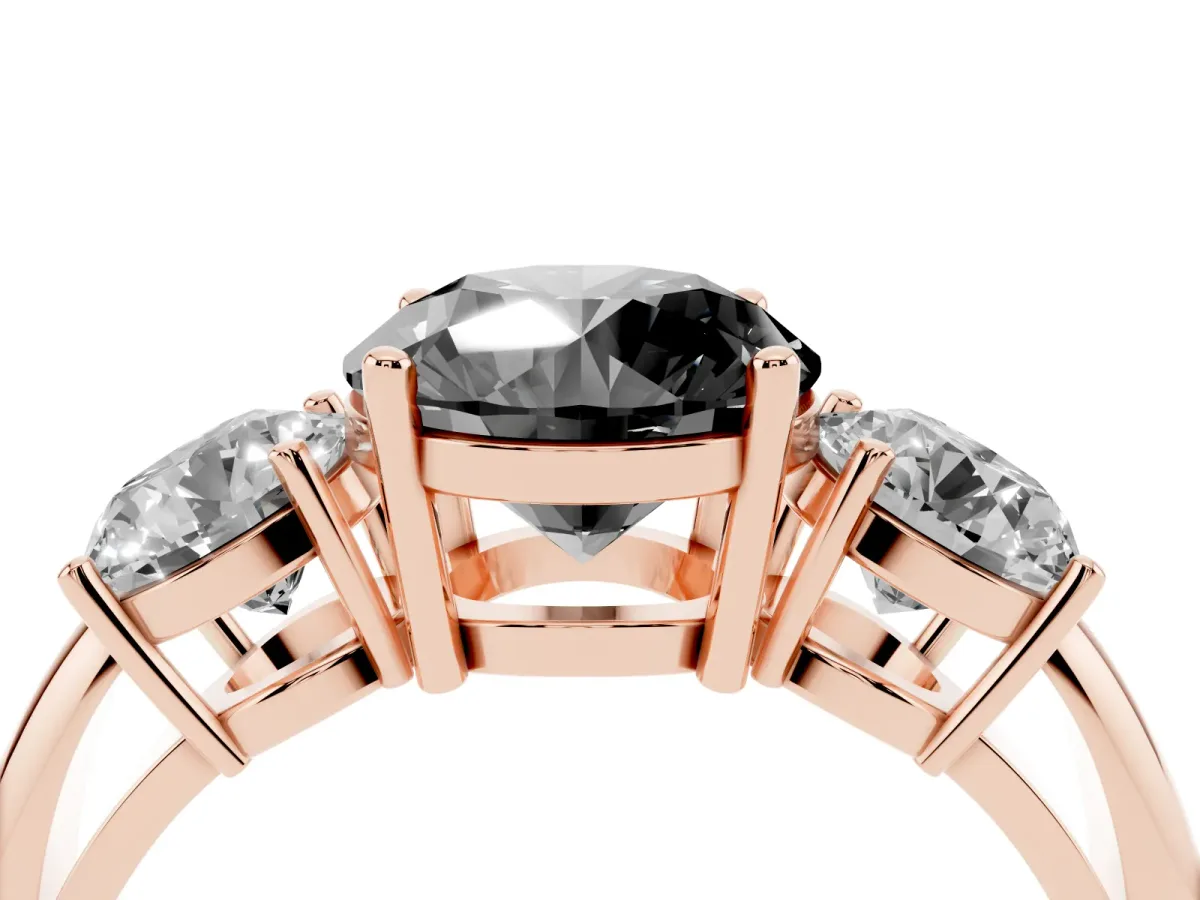Fancy Black Three-Stone Round Cut Cut Diamond Engagement Ring with Prong Setting on a White Gold Band Rose gold