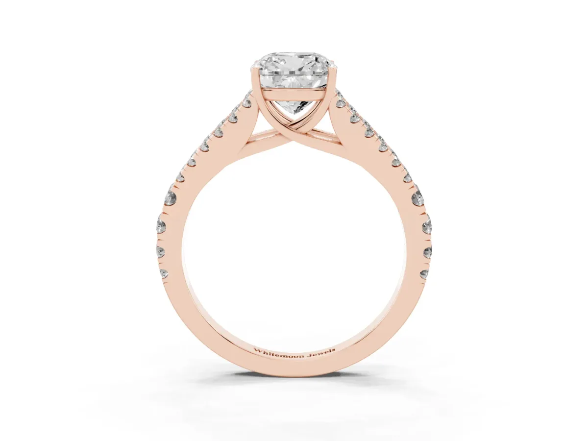 Cushion Cut Diamond Split Shank Pavé Engagement Ring with Four-Prong Setting Rose gold