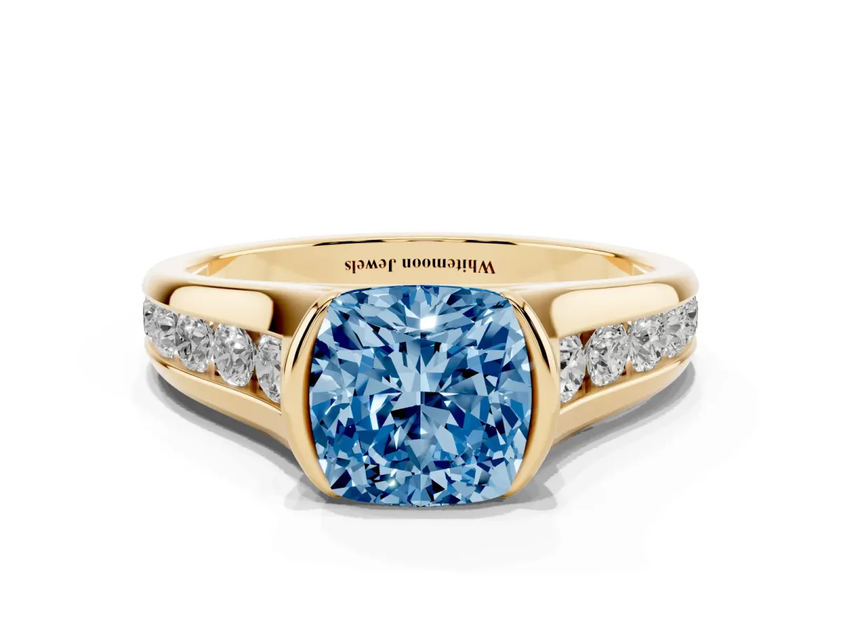 Fancy Blue Cushion Cut Solitaire Bezel-Set Diamond Ring with Channel-Set Band Yellow gold