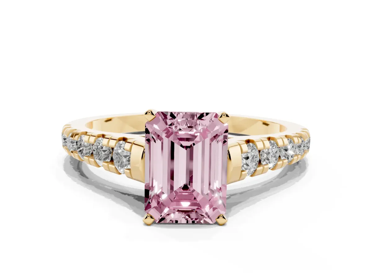 Fancy Pink Emerald Cut Diamond Cathedral Solitaire Ring with Round Pavé Band Yellow gold