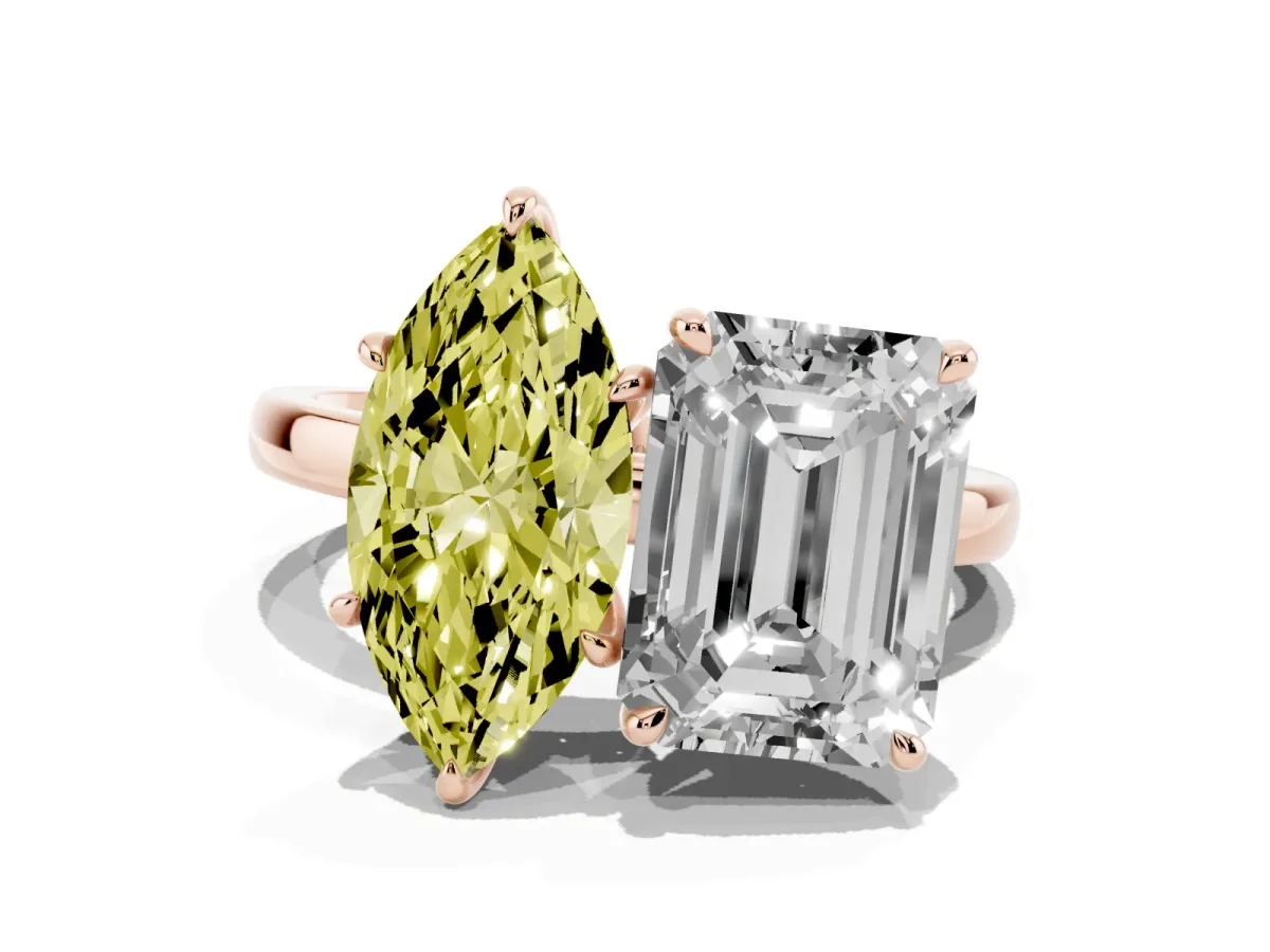 Fancy Yellow Marquise Cut and Emerald Cut Toi Moi Ring with Prong Setting Rose gold