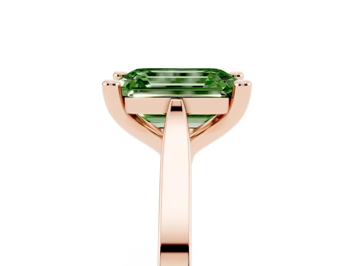 Fancy Green Emerald Cut Solitaire Diamond Ring with Four-Prong Setting and Tapered Band Rose gold