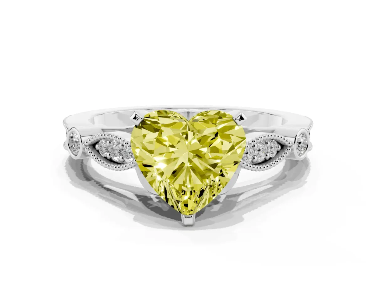 Fancy Yellow Heart Cut Cut Diamond with Milgrain Marquise and Bezel Accents on a Solitaire Band with Prong Setting White gold