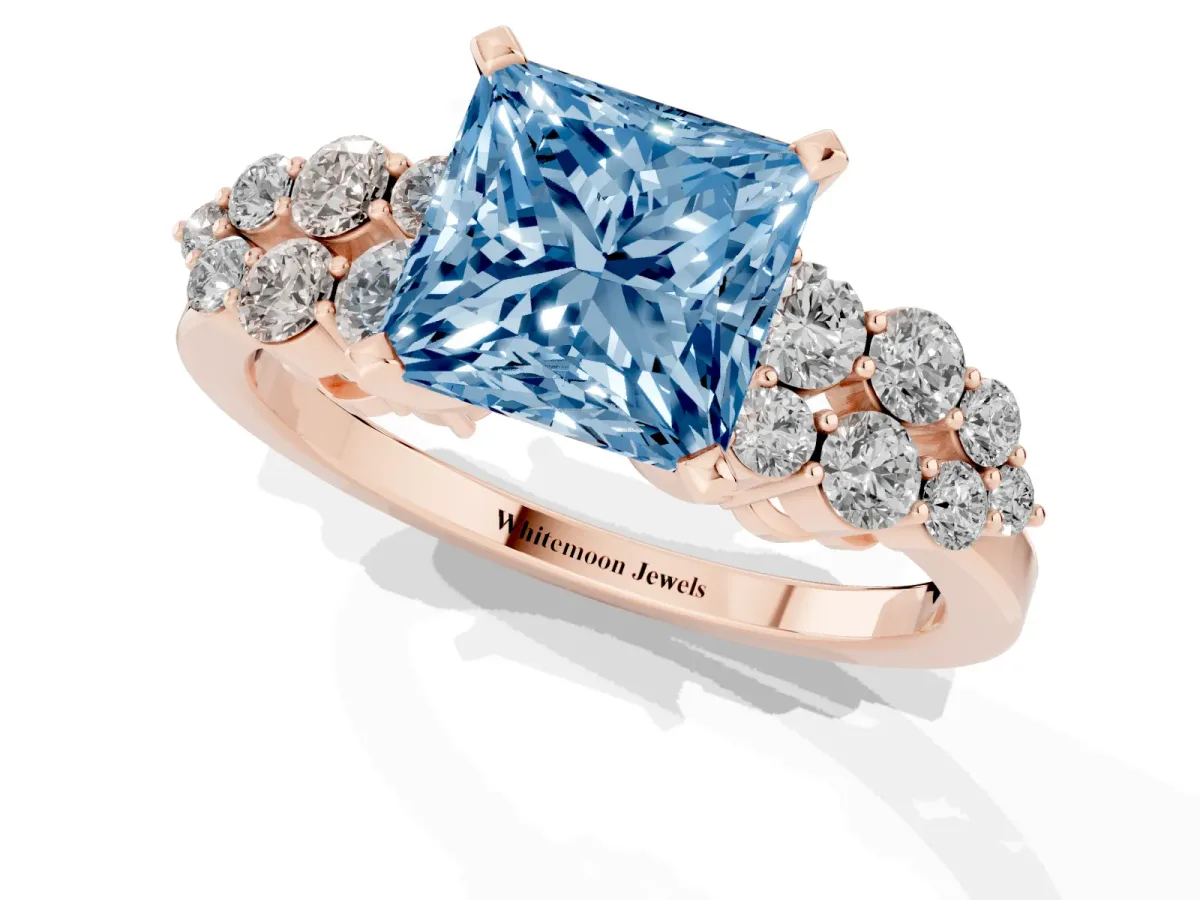 Fancy Blue Princess Cut Cluster Diamond Engagement Ring with Pavé Band and Four-Prong Setting Rose gold